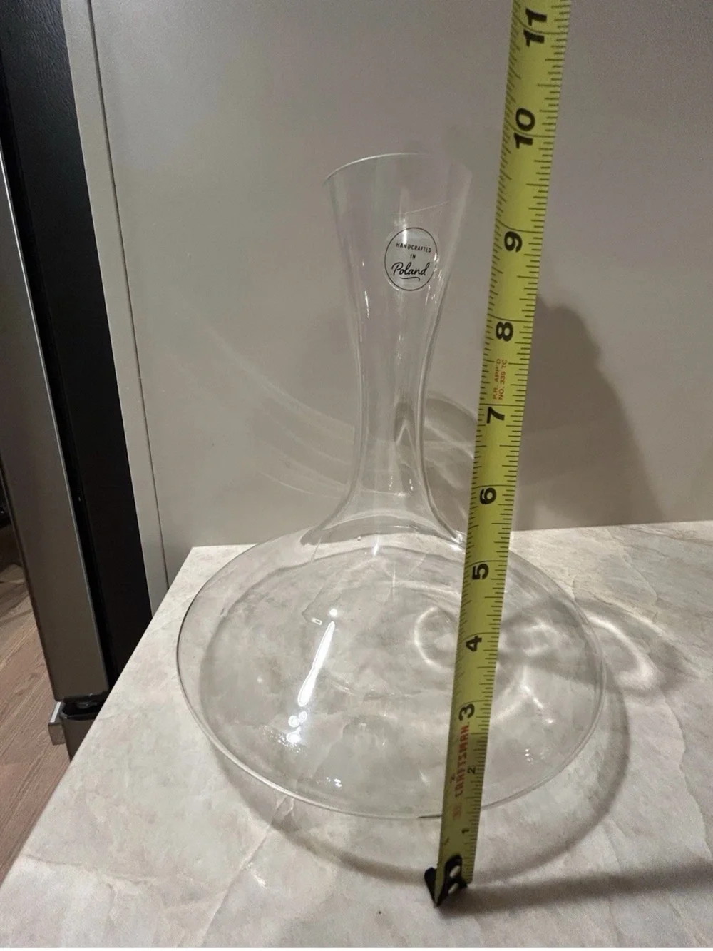 Wine Decanter Handcrafted In Poland Wide Base Clear Glass 11” Tall Barware